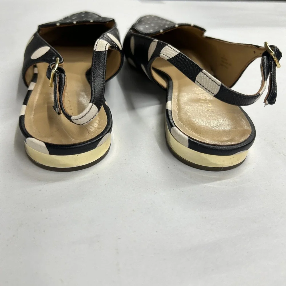 Talbots Polka Dot Pointed Toe Slingback Flats 8M Black White Gold Preppy Chic